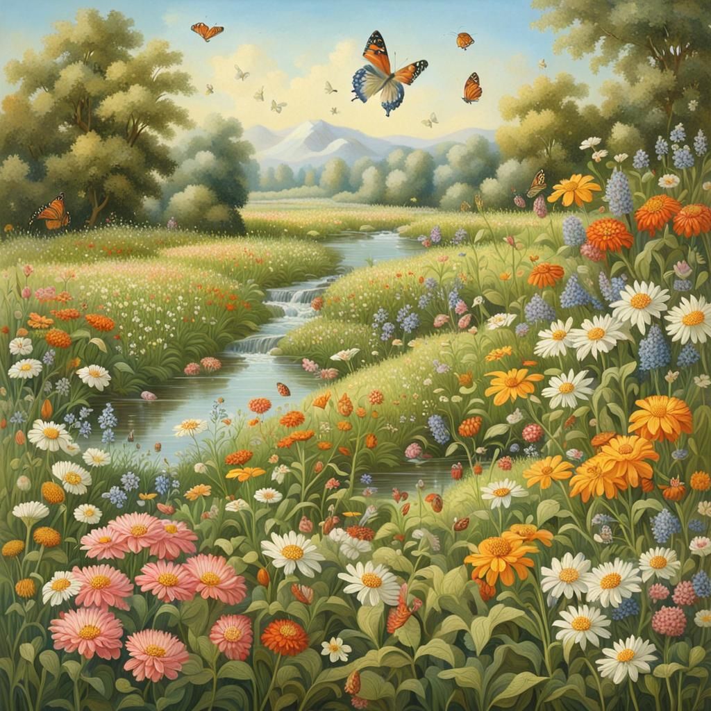 Lush Flower Field with Wildlife