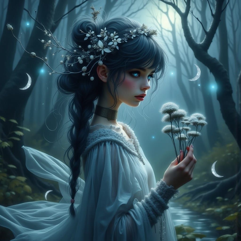 <lora:Flax:1.0>  A gothic girl with an enigmatic gaze and luminous, sapphire-hued eyes that hold a profound sorrow, stan...