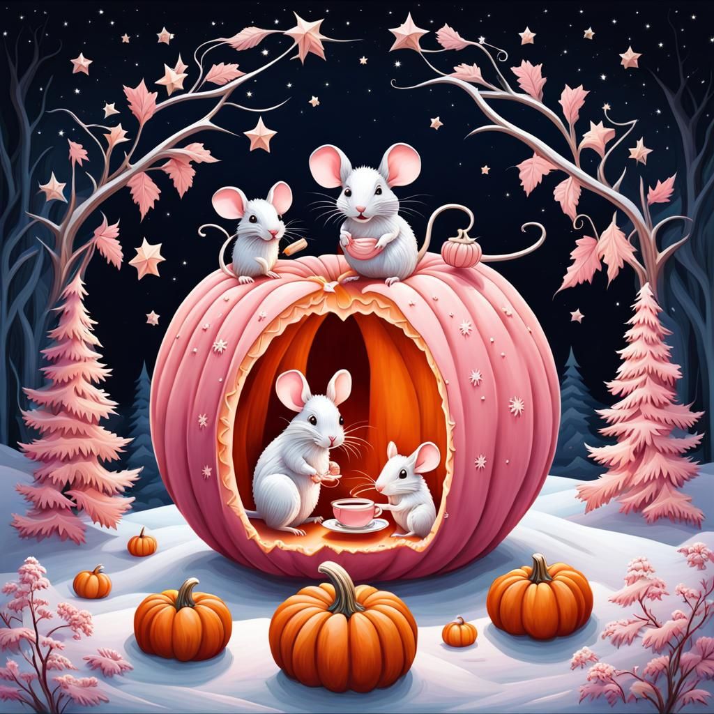 Mice Tea Party Inside Carved Pink Pumpkin