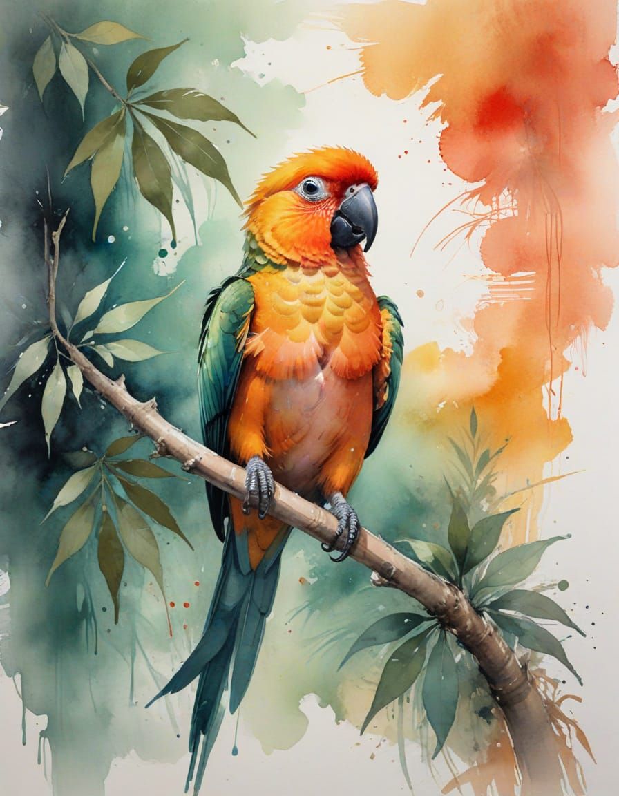 Vibrant Conure in Expressive Watercolor Art