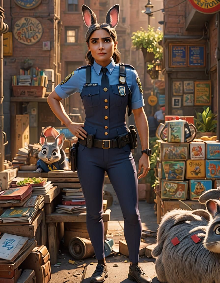 SALMA HAYEK wearing the uniform of Judy HOPPS FROM THE movie...