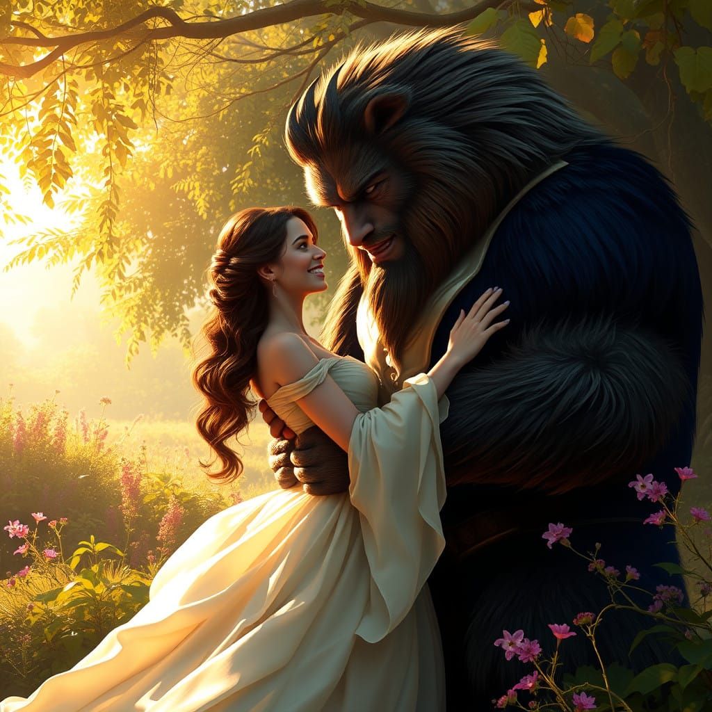 Gentle Maiden and Majestic Beast Share Love in Sunlit Cleari...