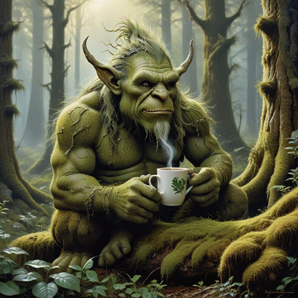 Scandinavian Troll Savoring Coffee, in Fantasy Style