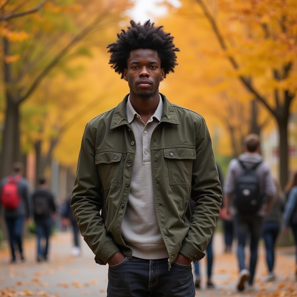 African American Man on College Campus in Autumn