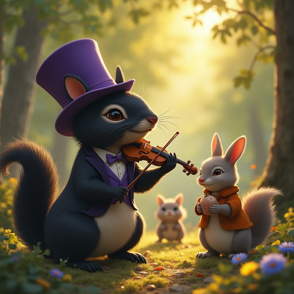 Victorian Squirrel Concert in Sun-Dappled Forest