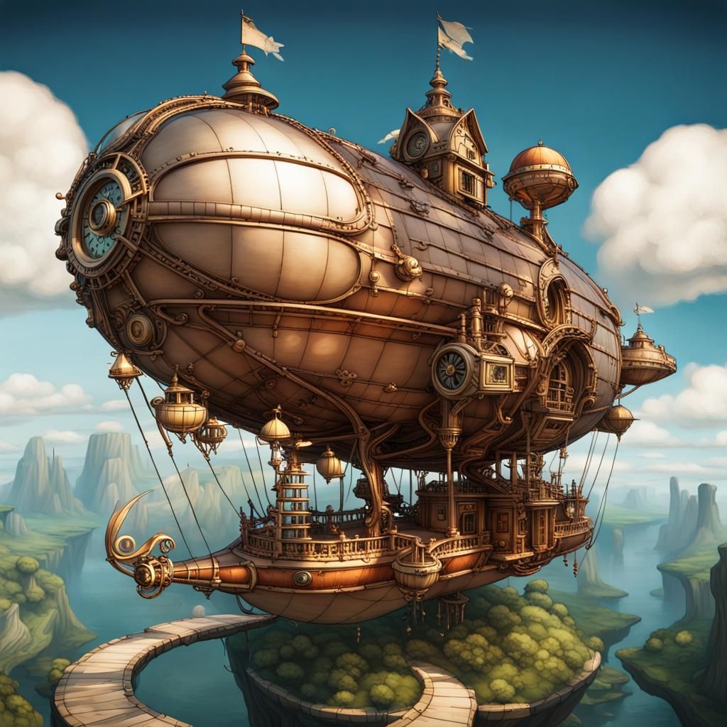 Steampunk Airship Soaring Over Floating Islands