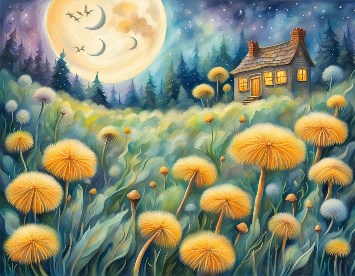 Magical Dandelion Field with Mushroom Cottage in Gouache Sty...