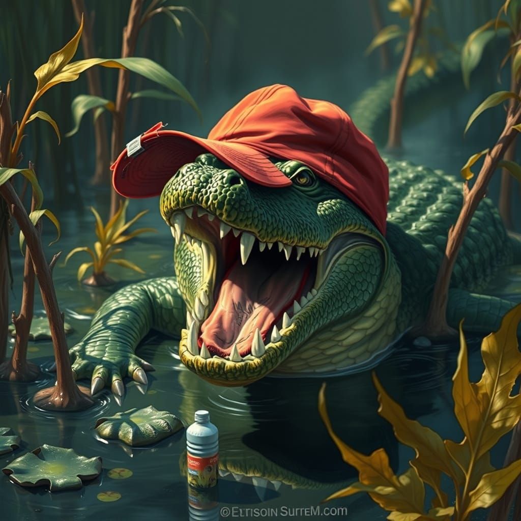 Alligator Grasps Red Cap in Vivid Swamp Scene