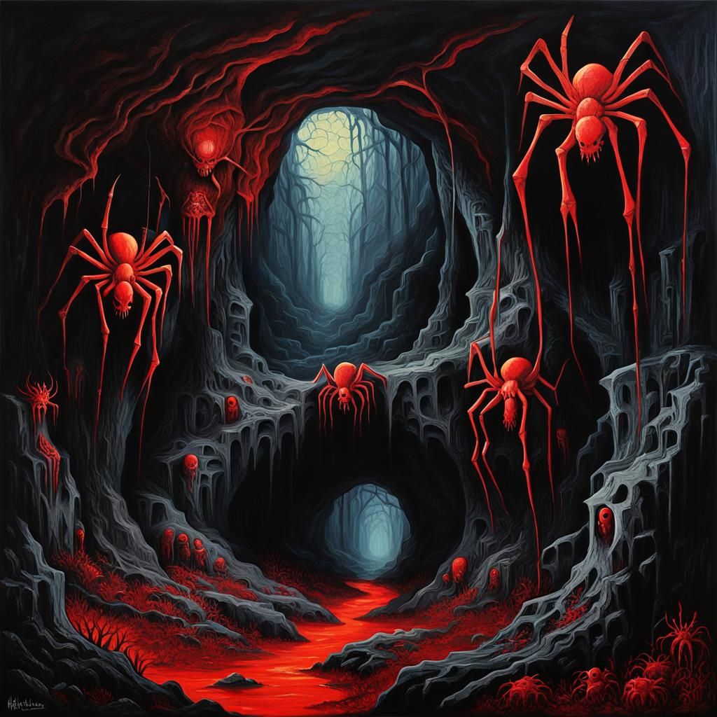 underground cave lair of hundreds of spooky spiders and webs...