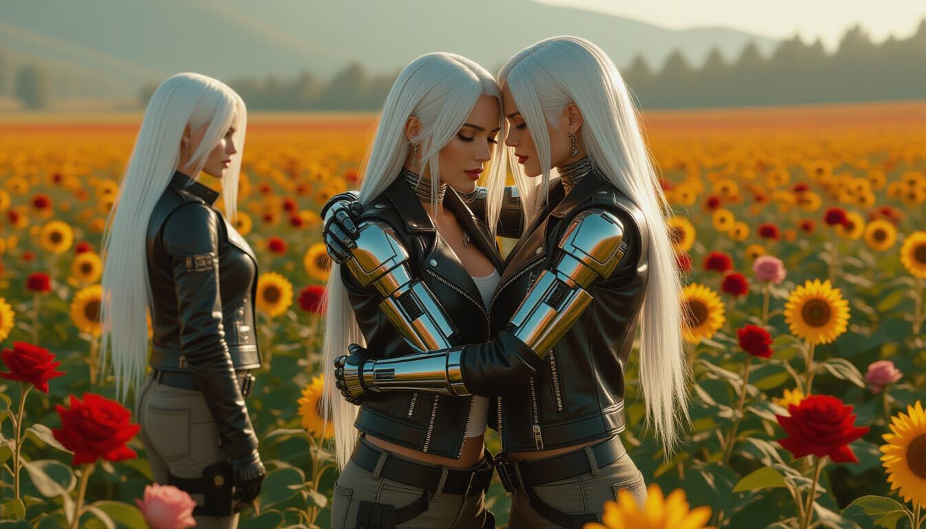 Cybernetic Women Embrace in Flower Field