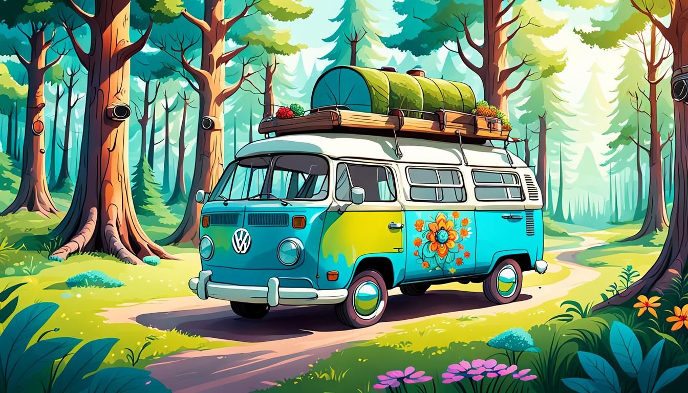 Hippie Volkswagen Camper Van in Cartoon Style