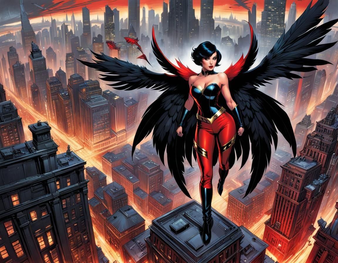 Female Supervillain with Metallic Wings in Comic Book Style