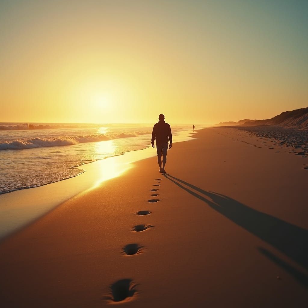 Solitary Beach Walker at Sunset in Cinematic Style