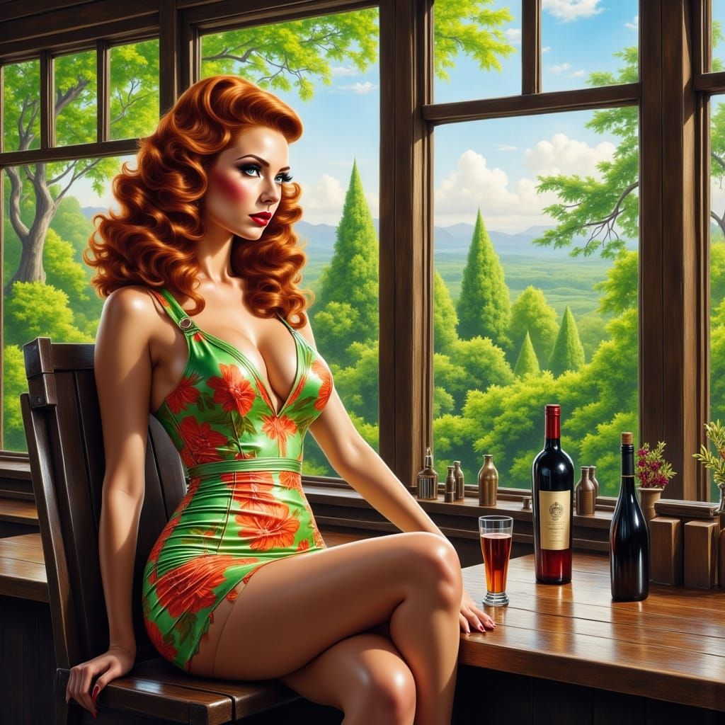 Woman in Floral Dress by Forest Window