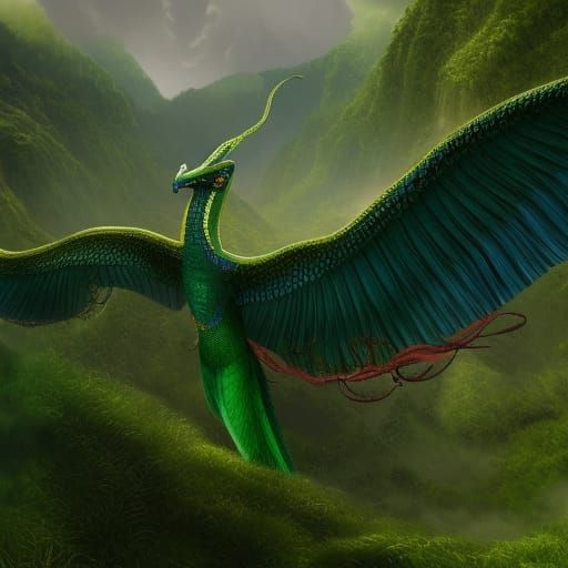 Quetzalcoatl Soaring Over Green Field, Fantasy Art