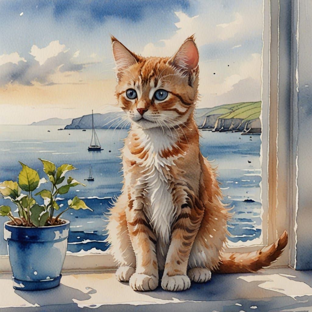 Watercolour Kitten Admires the Ocean View
