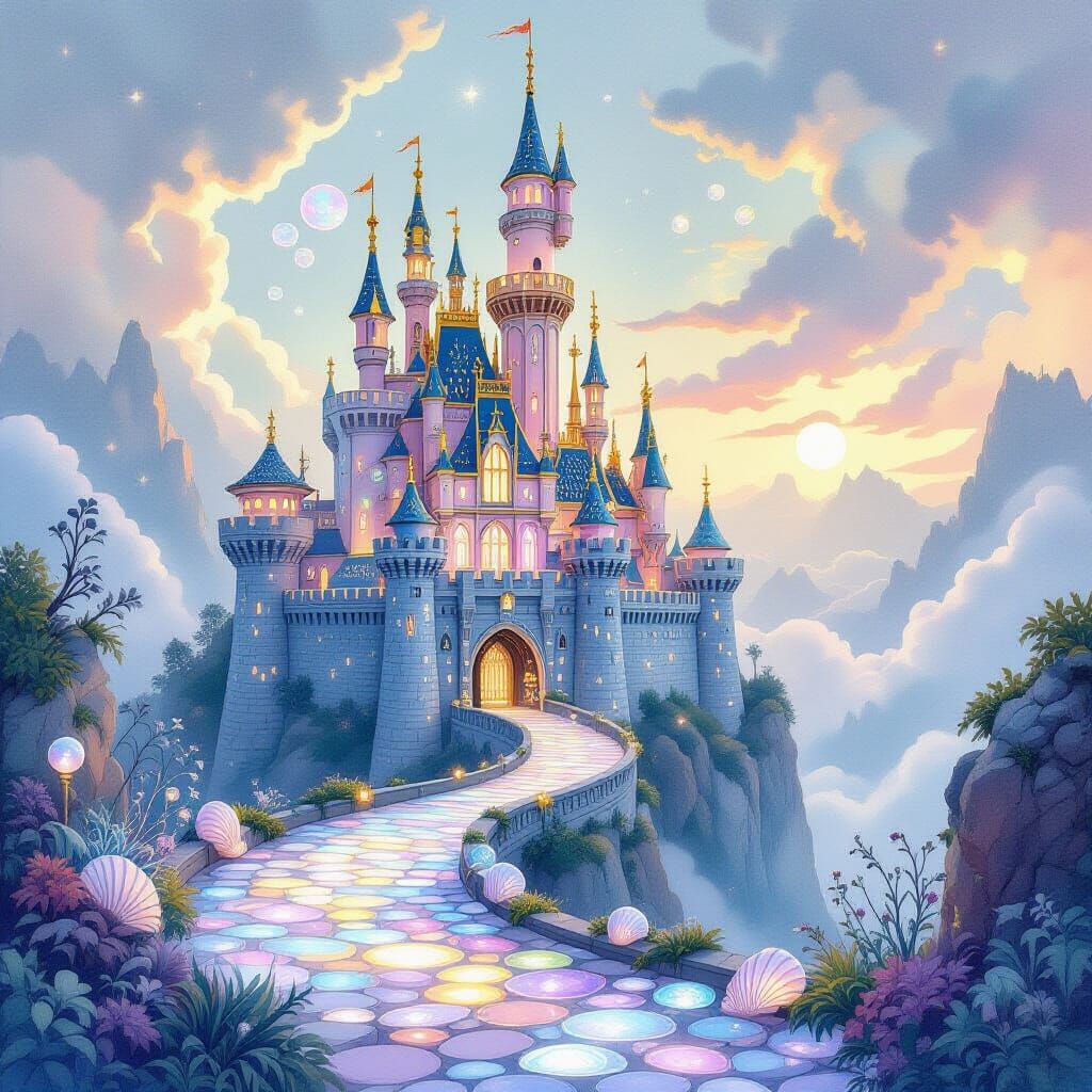 Bubble Castle on Misty Cliff in Watercolor Style