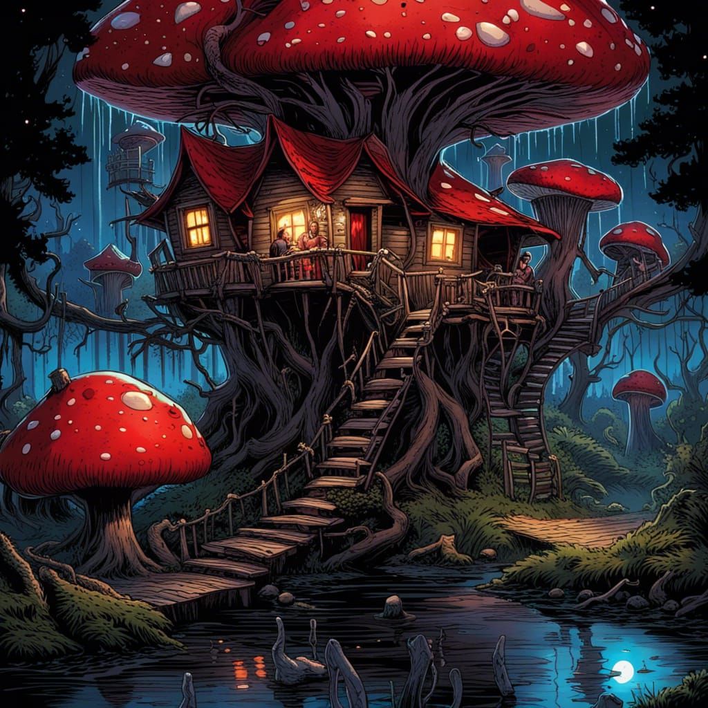Gothic Horror Toadstool Village Under Starry Skies
