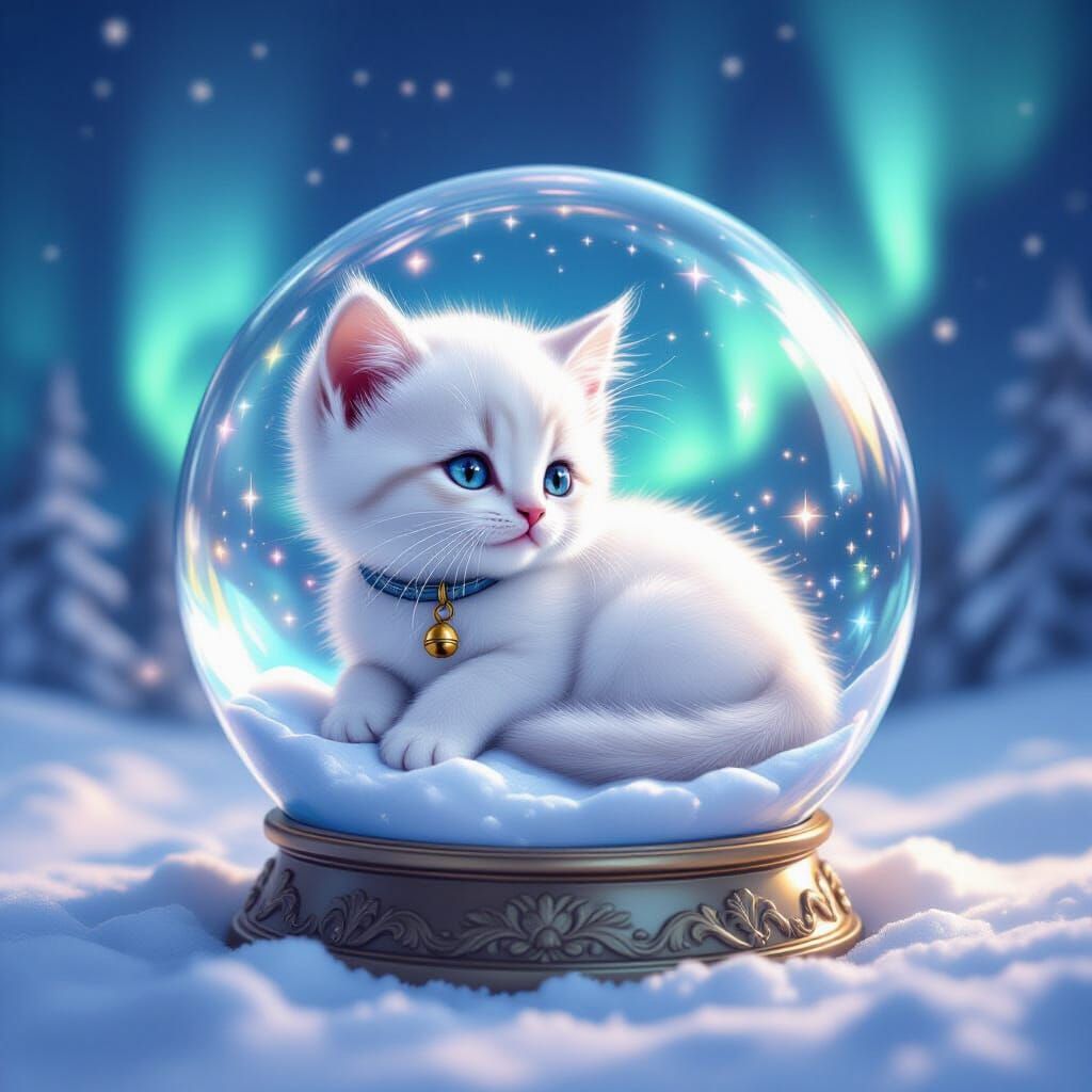 Kitten in Snow Globe with Northern Lights