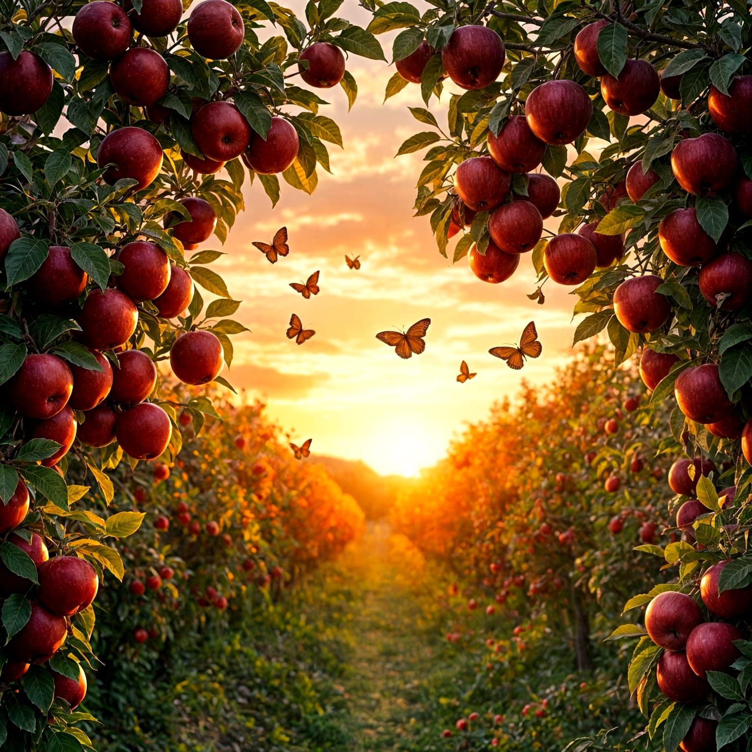 Vibrant Sunset Apple Orchard in Whimsical Watercolor Style