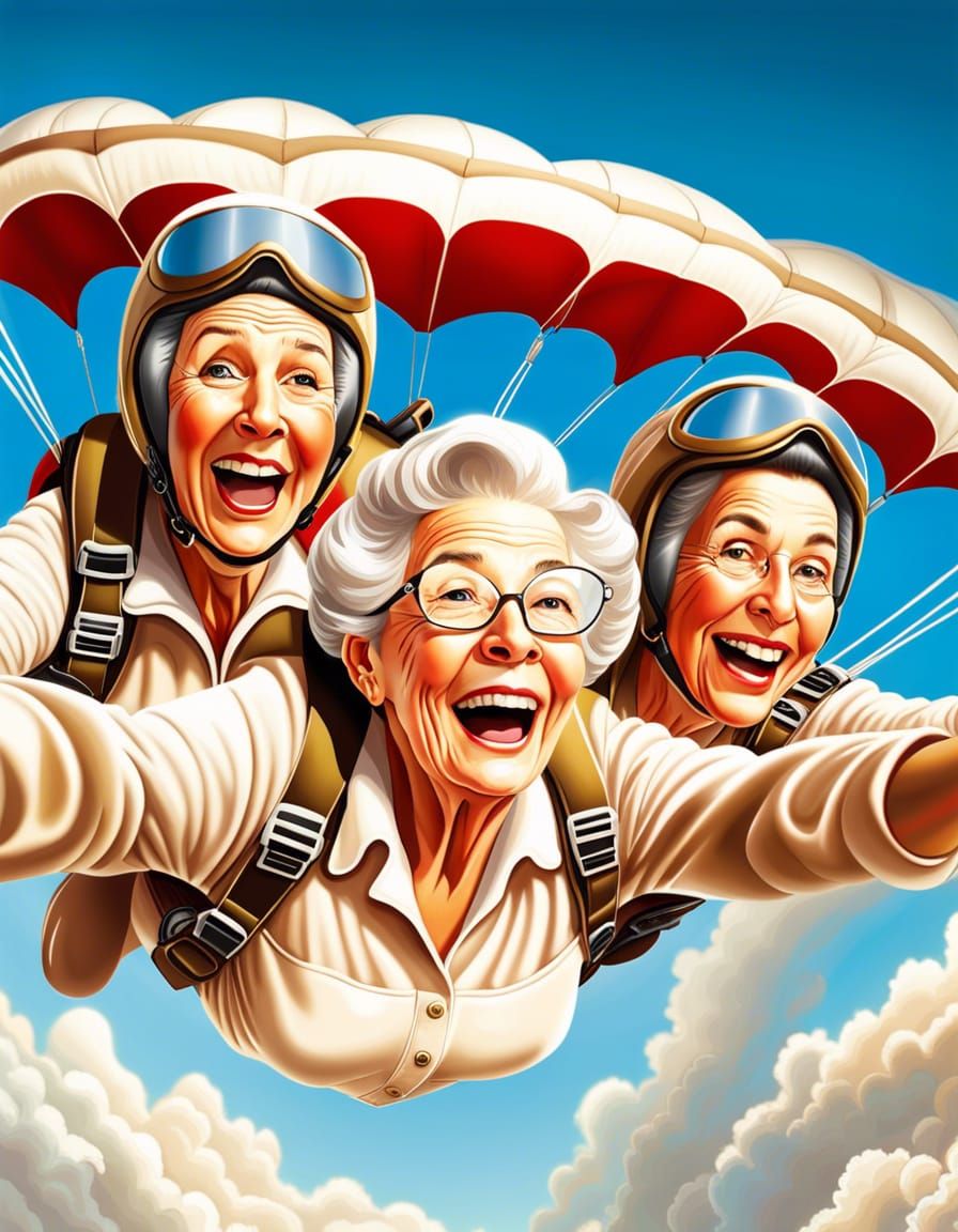 Carefree Elderly Women Skydiving: Photorealistic Digital Art