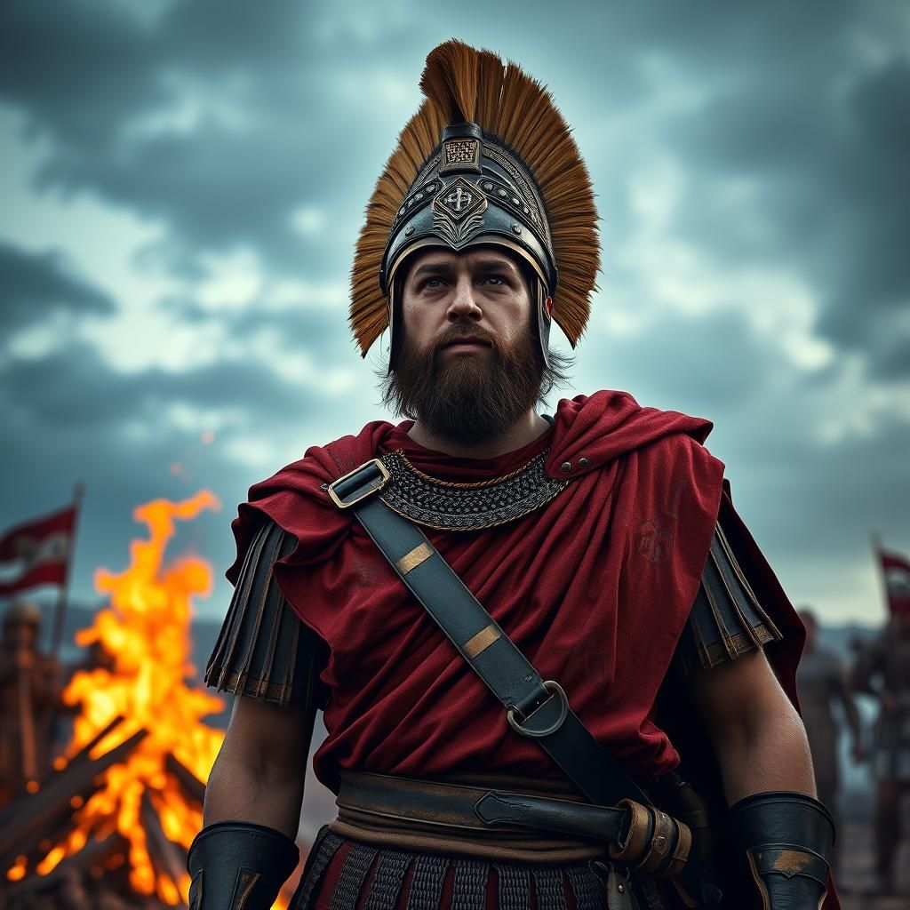 Triumphant Roman Soldier Before Bonfire in Homeric Style
