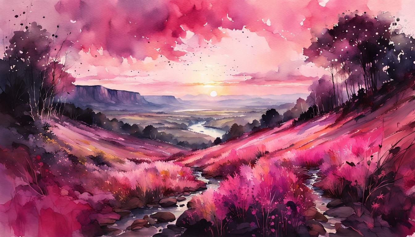 Pink Summerscape Watercolor with Magenta Sunrise