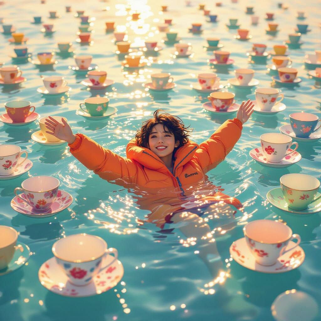 Tangerine Puffer Swims in Whimsical Teacup Sea