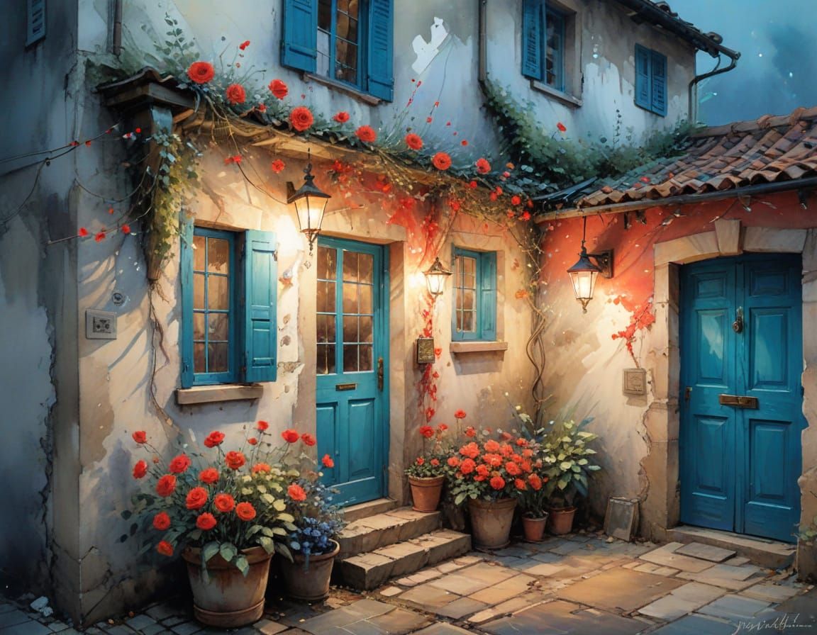 Charming Cottage with Roses in Watercolour Style