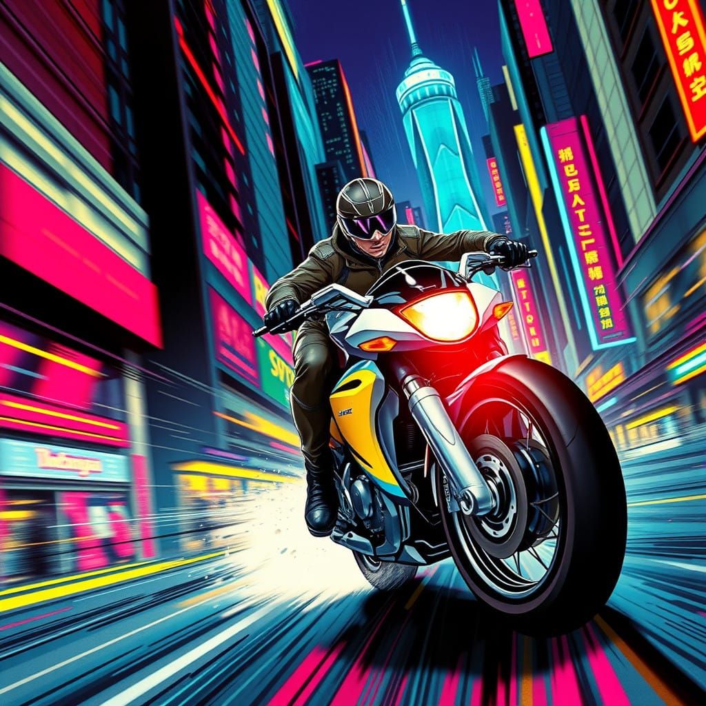 painting style, vibrant colors, sharp lines, smooth textures on both character and bike.  Art Deco/Anime fusion style ev...