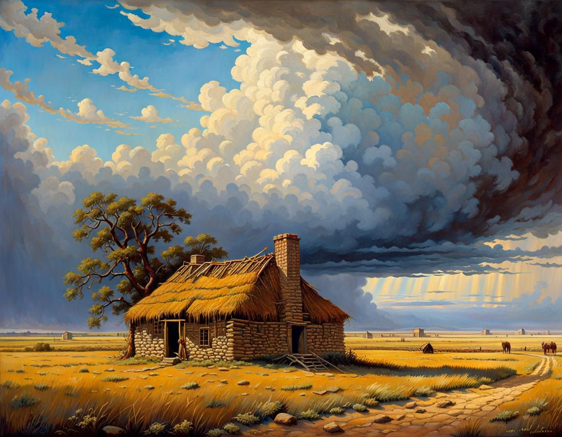 Prairie Storm Over Sod House in Western Style