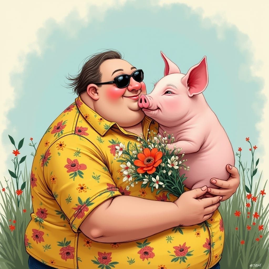 A Whimsical Gay Gentleman Kissing a Playful Pig in Floral St...