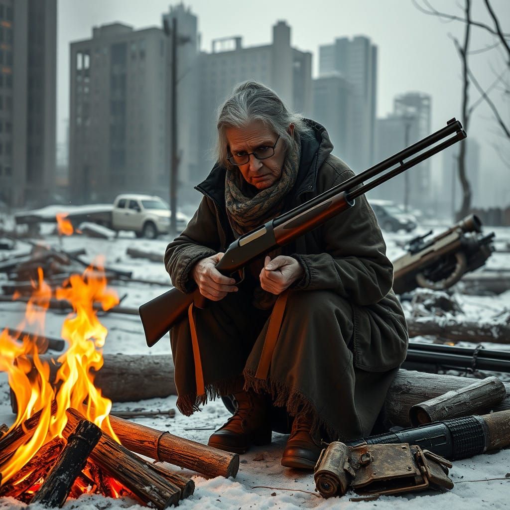 Graying Survivor Warms by Post-Apocalyptic Fire