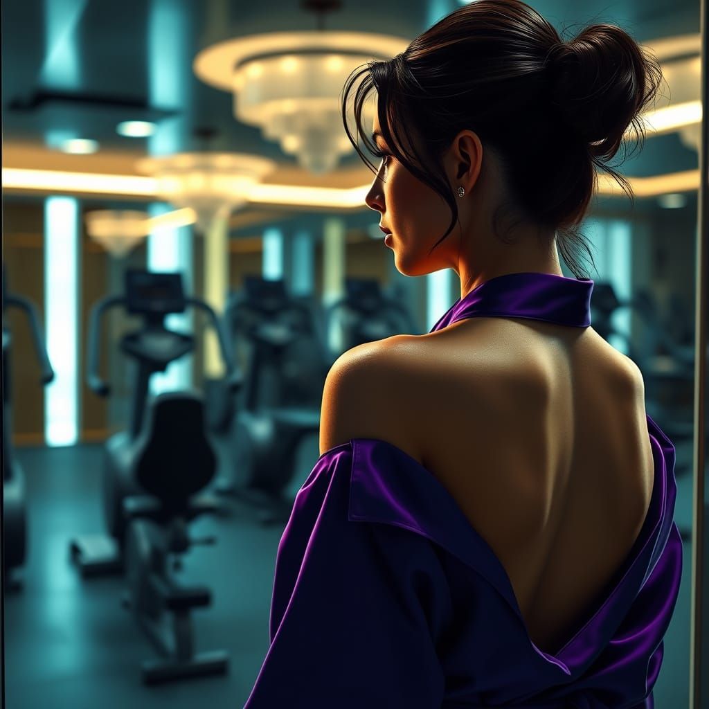 Woman in Purple Robe Reflects in Gym Mirror