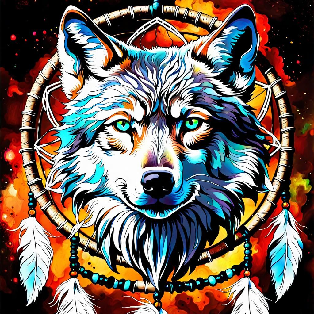 Surreal Wolf Dreamcatcher in Splatter Art Style