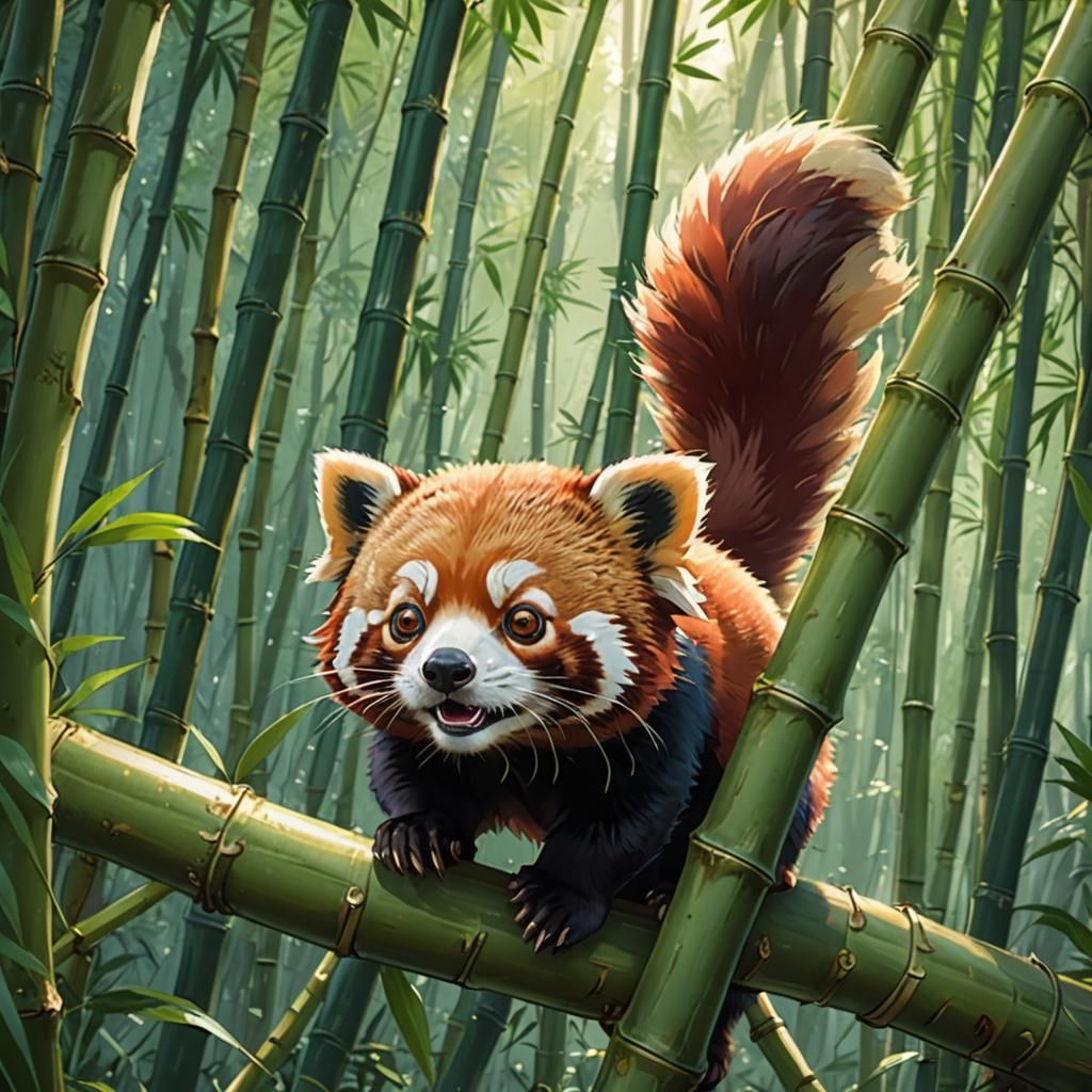 Red Panda Climbing in Bamboo Forest: Ghibli-Style Anime