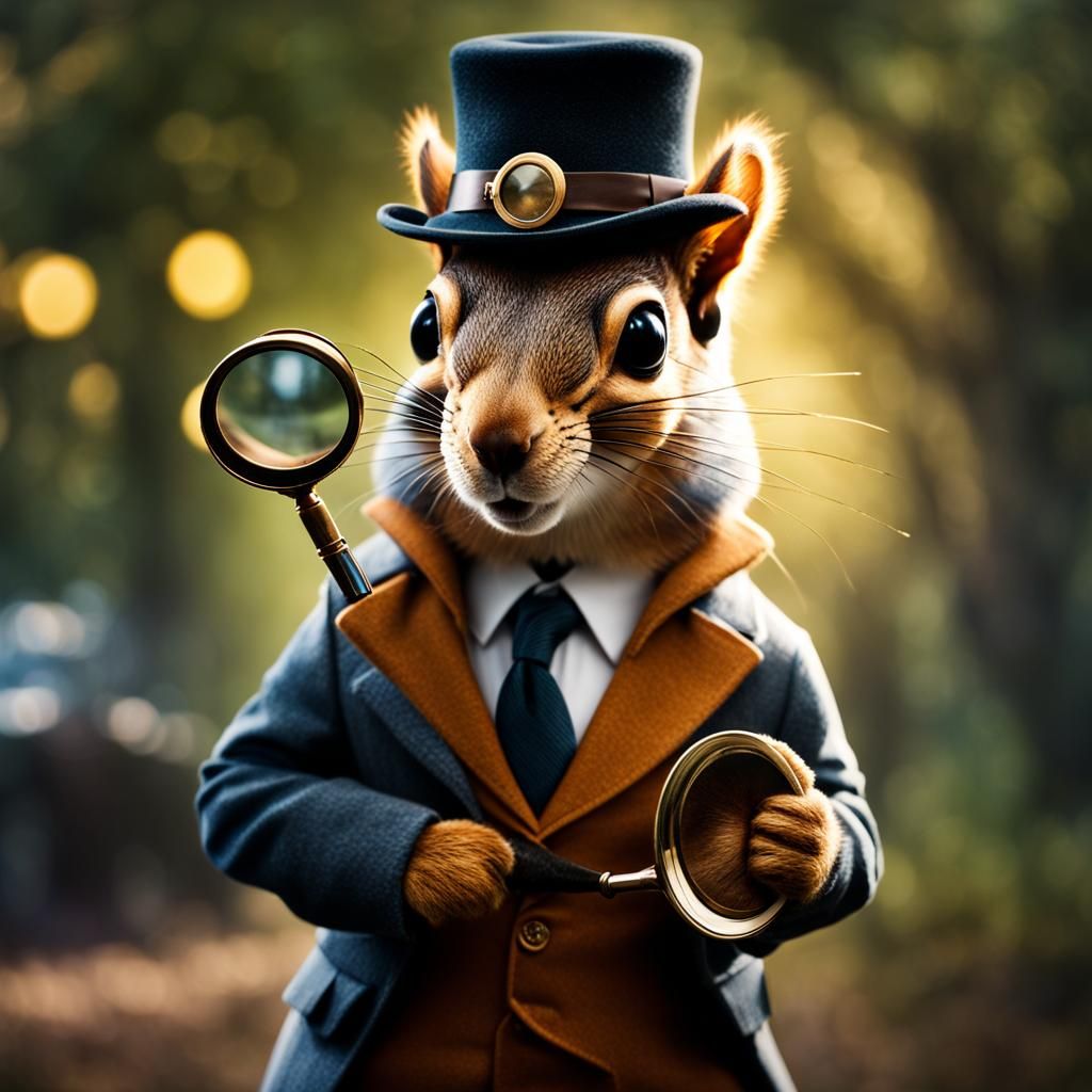 Squirrel Detective with Magnifying Glass in Digital Painting