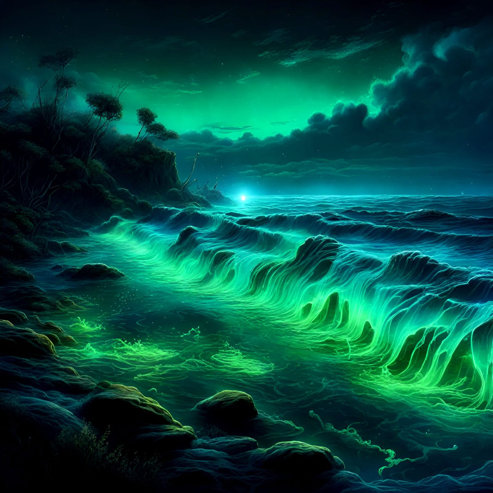 Bioluminescent algae bloom lighting the ocean at night