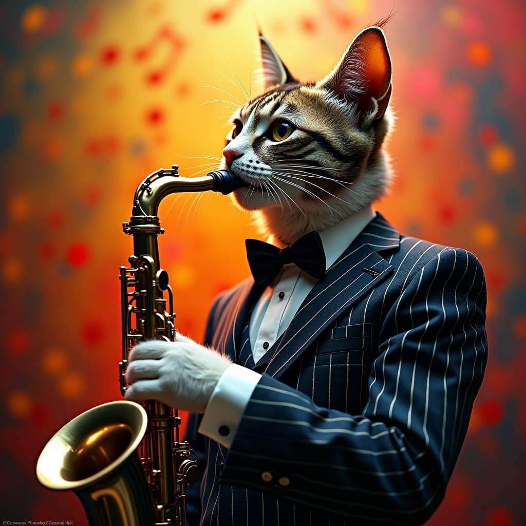 Cool Cat Saxophonist in Pinstripe Suit, Photorealistic