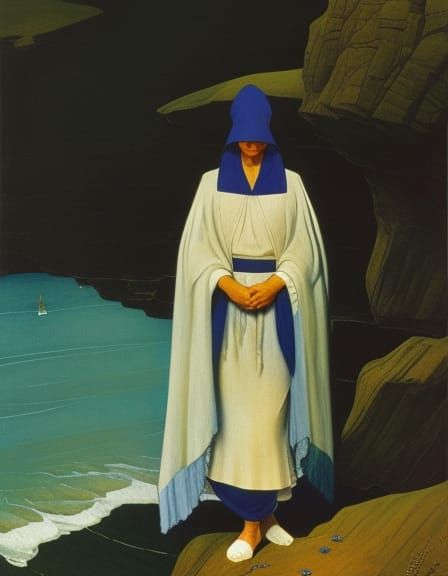 Woman in Blue Robes by River