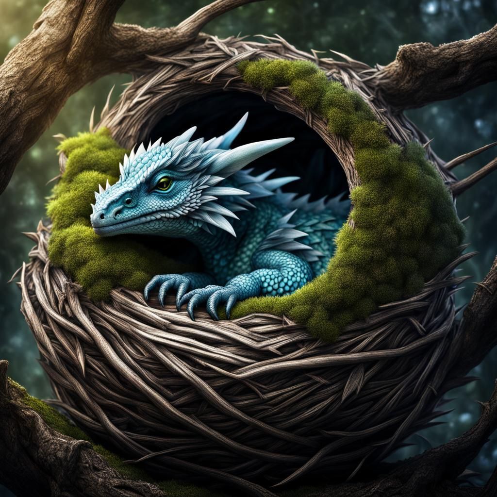 Hyperrealistic Baby Ice Dragon Sleeps in Nest