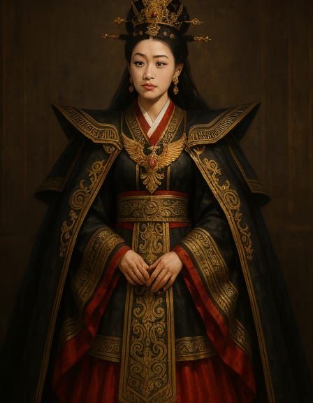 Elegant Fantasy Princess in Hanbok Attire with Egyptian Embr...