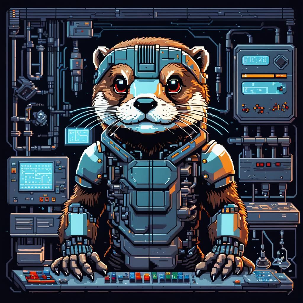 Cyborg Otter in Hi-Tech Lab: 8-bit Pixel Art