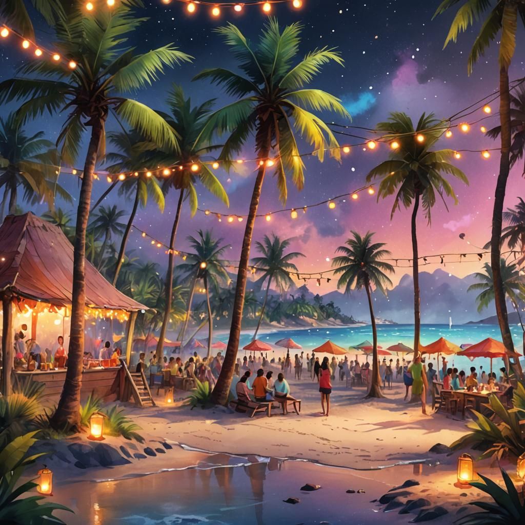 Watercolor Beach Party with Fairy Lights