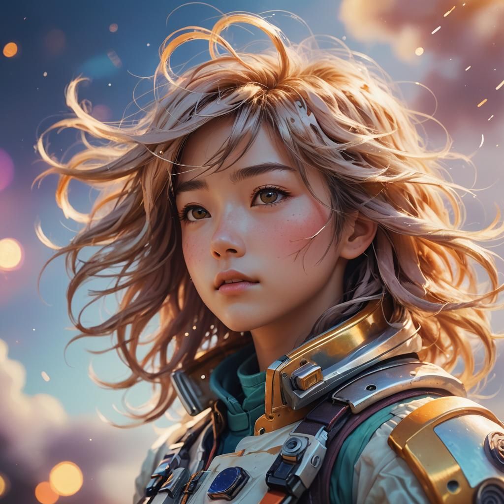 Astronaut Woman in Windstorm: Anime-Inspired 3D Art
