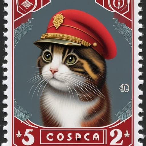 Cute Baby Comrade Cat on Soviet Kitsch Stamp