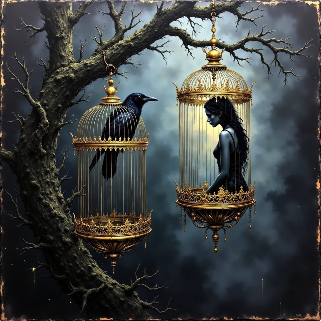 Gothic Birdcage Scene with Raven and Woman
