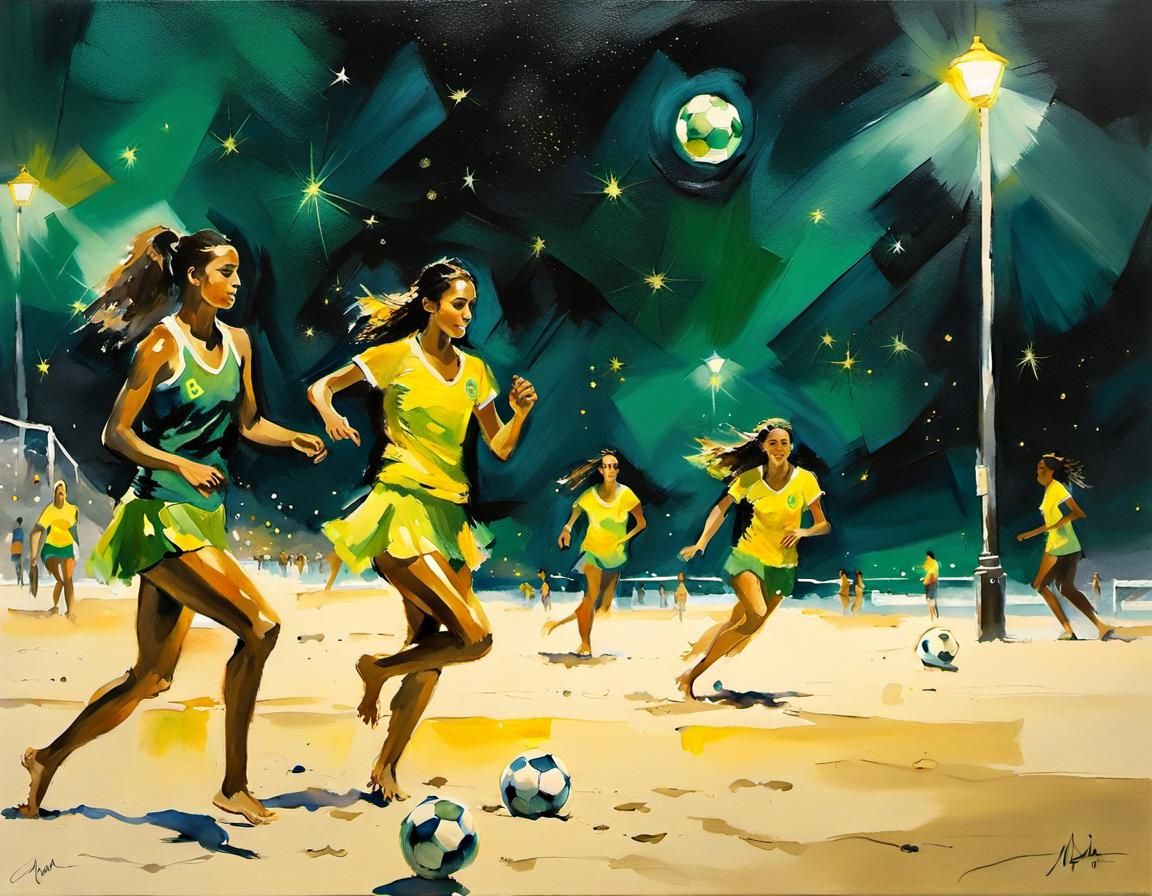 Brazilian Girls Play Soccer: Watercolor Painting