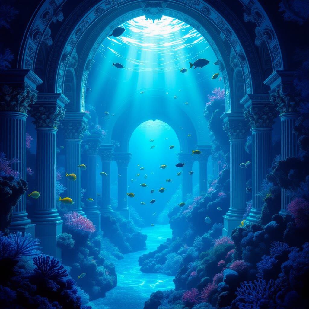 Opulent Underwater Palace in Ethereal Bioluminescent Light