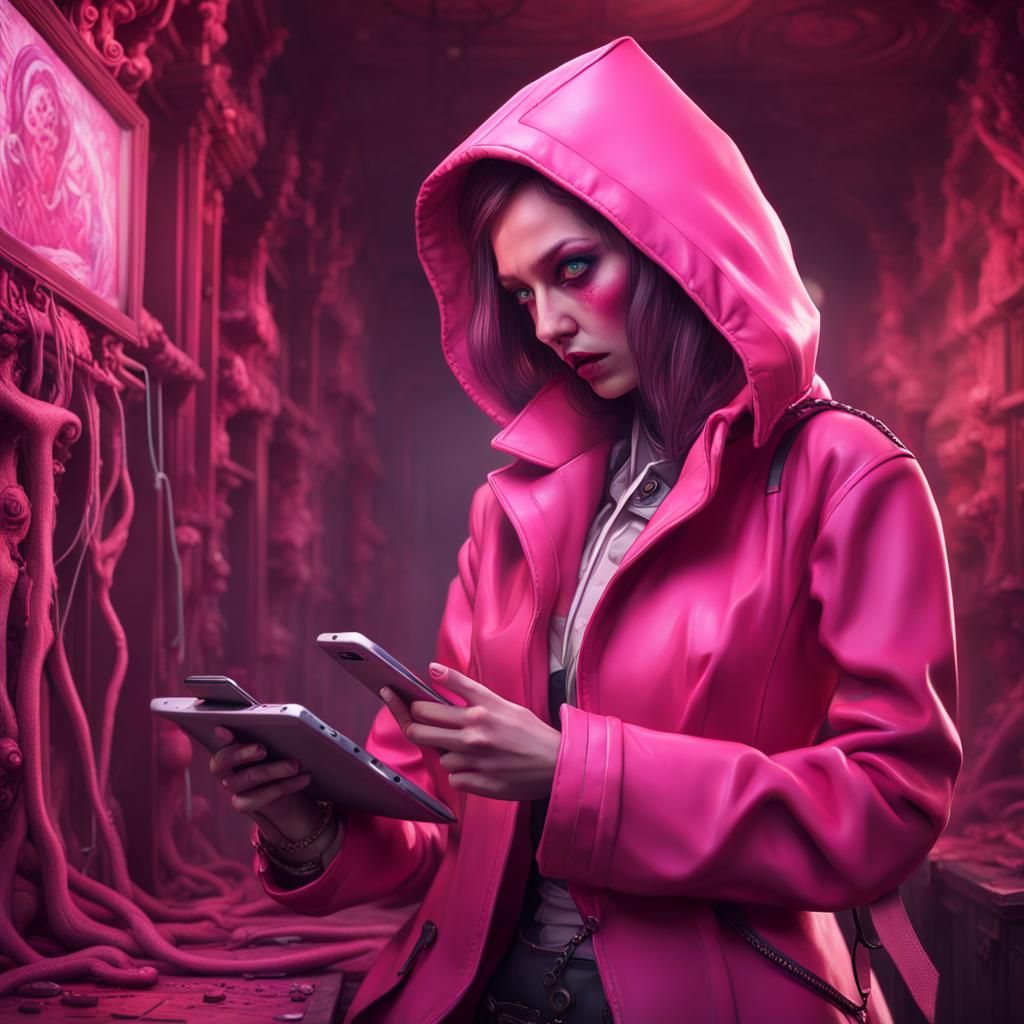 Young Woman with Pink Coat in Horror Surrealism